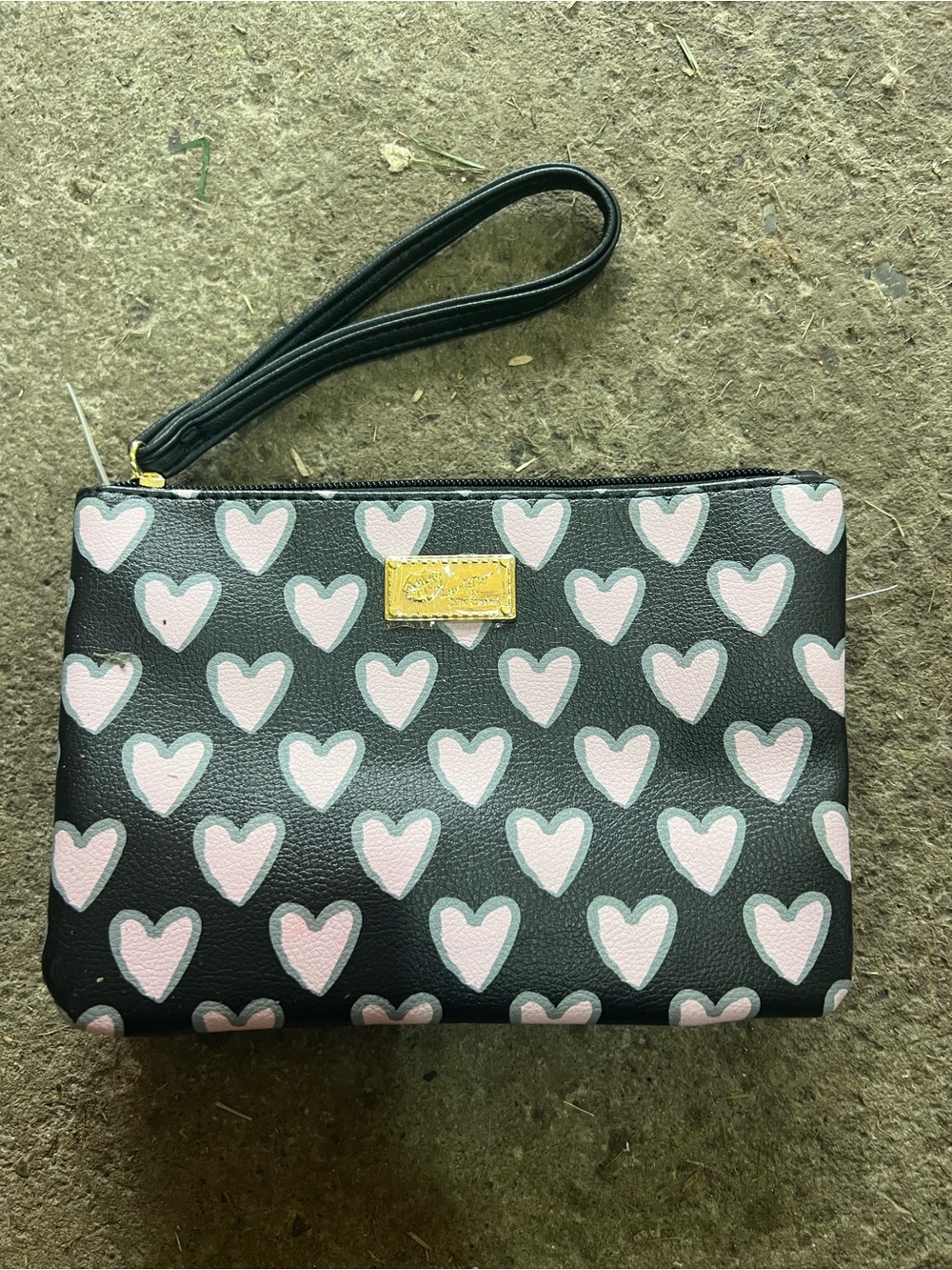 Black Wristlet Clutch with Pink Heart Print